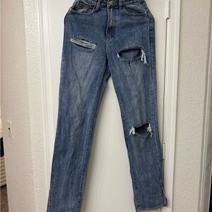 PrettyLittleThing Tall Blue Distressed Straight Leg Jeans